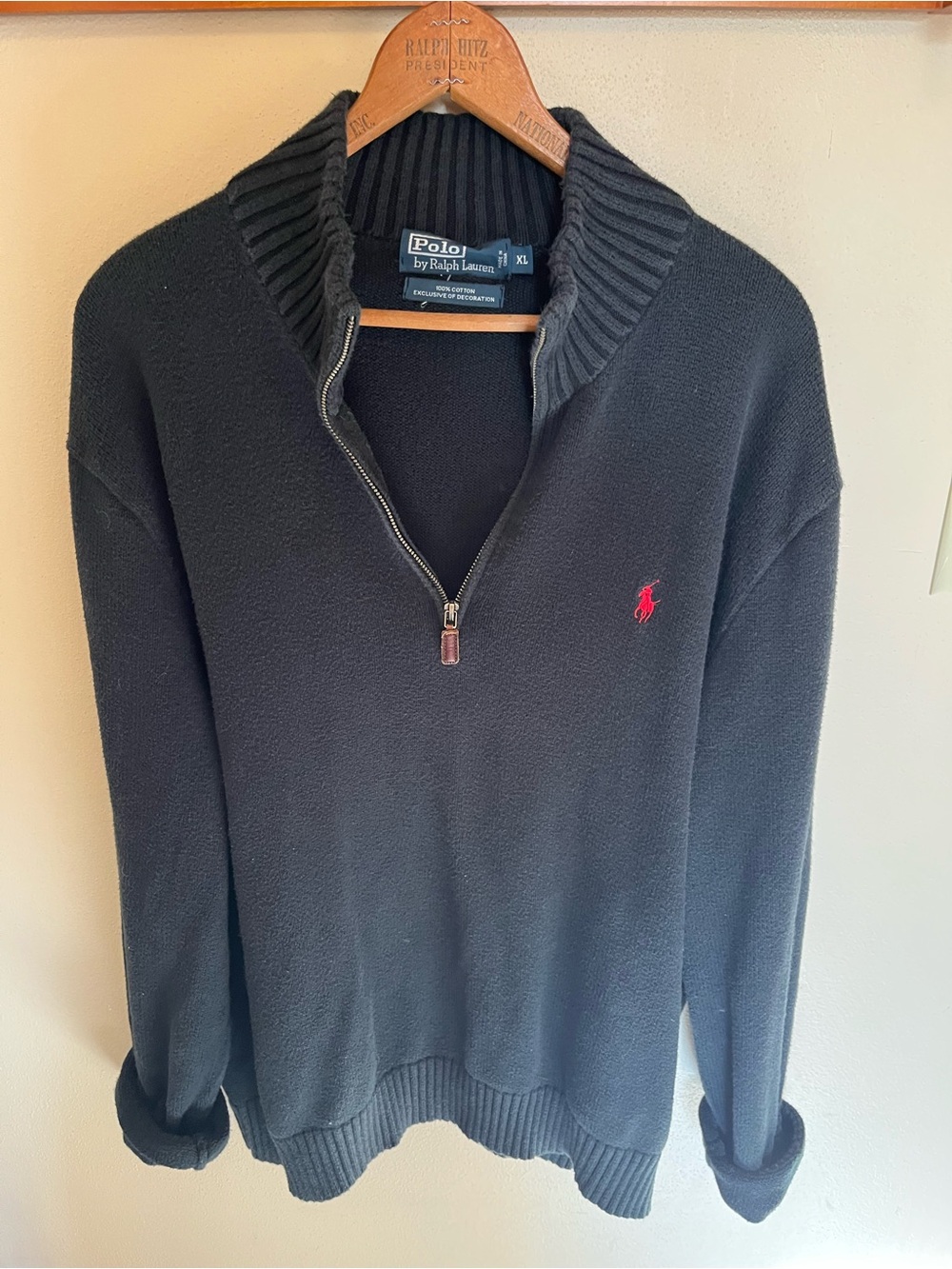 Ralph Lauren Black Quarter-Zip Sweater with Red Pony